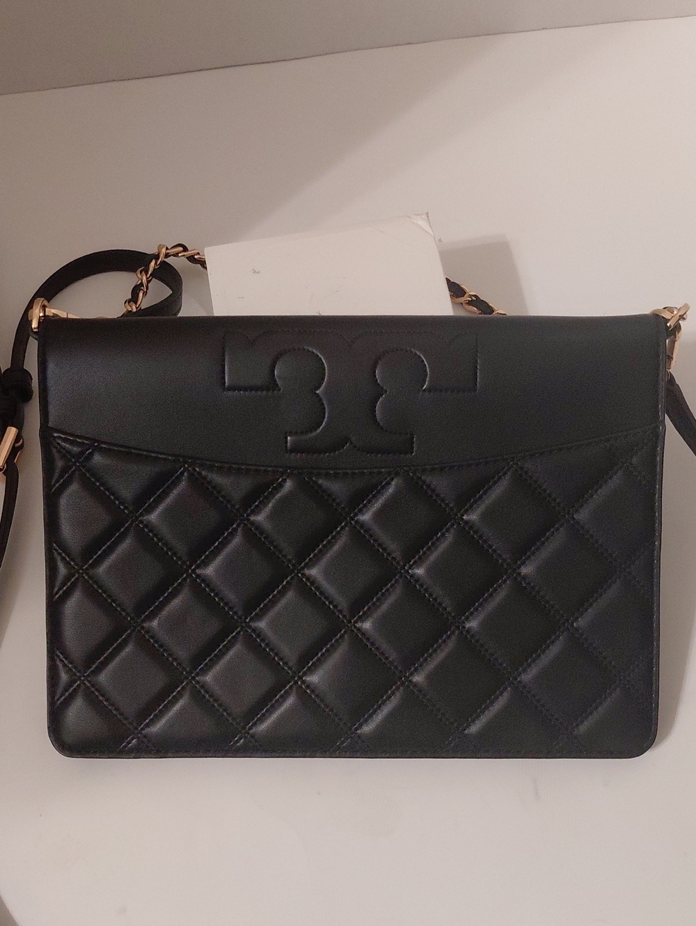 Tory Burch Savannah Black Quilted Leather Crossbody with Gold Chain Trim